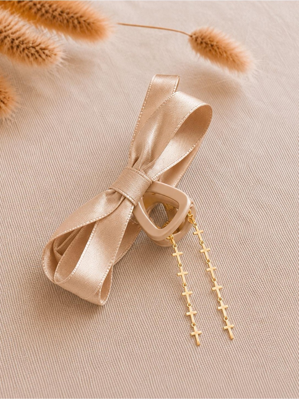 Gold Satin Bow Hair Clip with Cross Charm Dangles